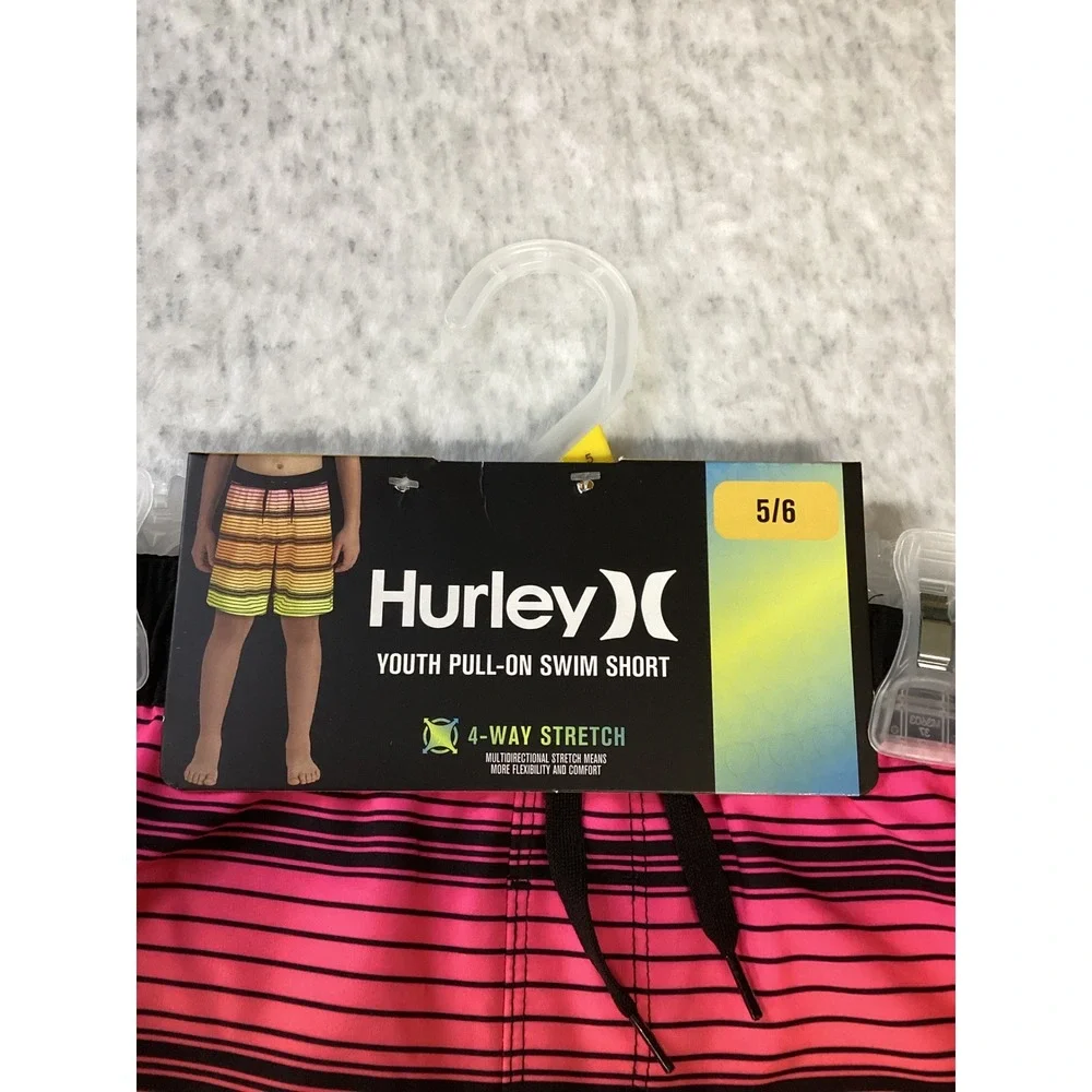 Hurley Youth Boys Pull-On‎ Swim Shorts Pink Orange Green Striped 5/6 985888-E69
